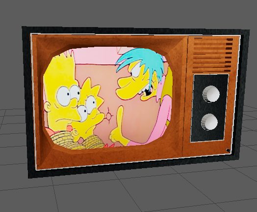 Textured 1960s television model with a cartoon broadcast on screen, wood-effect casing and metal dials